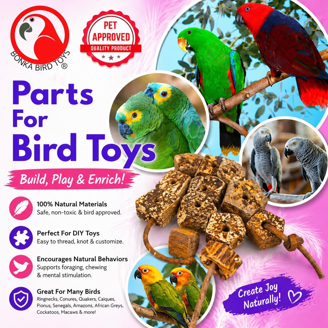 Natural Mahogany Bird Chew Pods – 12 Pack Wooden Foot Toys & DIY Bird Toy Making Parts for Parrots, Cockatiels & Conures