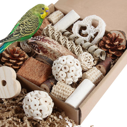 Natural Bird Foraging & Shredding Toy Box – Eco-Friendly DIY Enrichment Set with Pine Cones, Wood, Sola, Seagrass & Coconut for Parrots & Small Birds