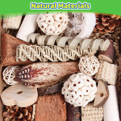 Natural Bird Foraging & Shredding Toy Box – Eco-Friendly DIY Enrichment Set with Pine Cones, Wood, Sola, Seagrass & Coconut for Parrots & Small Birds