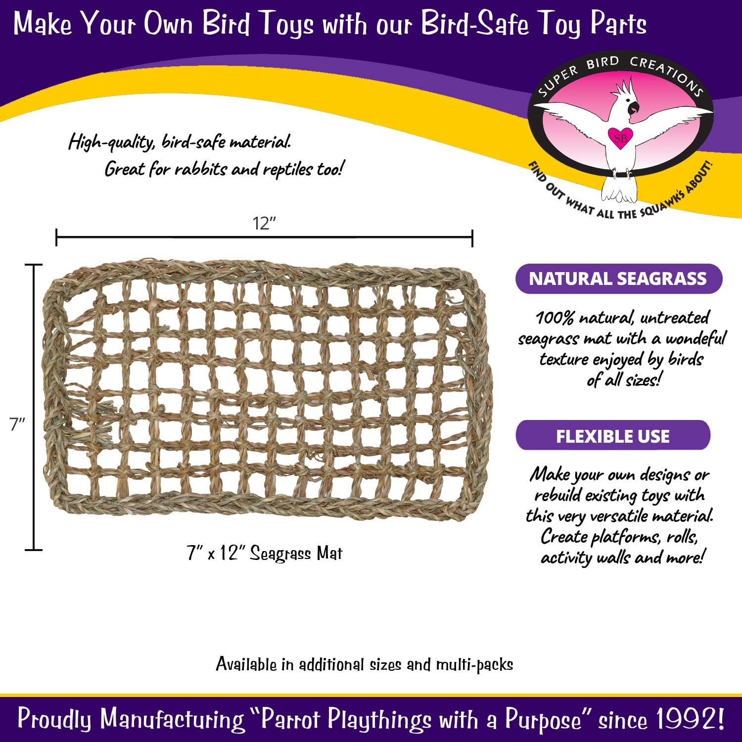 Natural Seagrass Bird Mat – Foraging, Climbing & DIY Enrichment Toy Base for Small to Large Birds & Reptiles (7" x 12", 3 Pack)