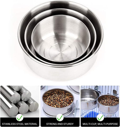 Stainless Steel Clamp-On Bird Feeding Bowl Set – Multi-Size Food & Water Dish Kit for Parrots