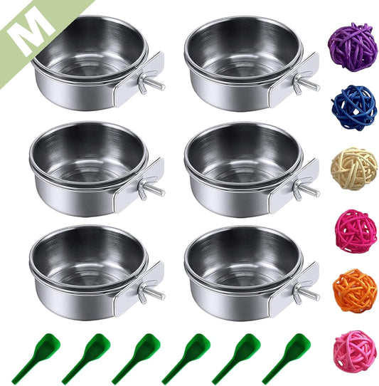 Stainless Steel Bird Cage Feeding Bowl Set – Clamp-On Food, Water Bowl- Set of 6, With Bonus Toys.