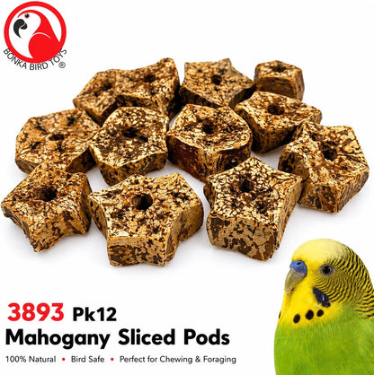 Natural Mahogany Bird Chew Pods – 12 Pack Wooden Foot Toys & DIY Bird Toy Making Parts for Parrots, Cockatiels & Conures