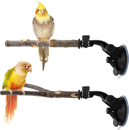 Adjustable Natural Wood Window Perch – Suction Cup Bird Perch for Windows, Showers & Travel