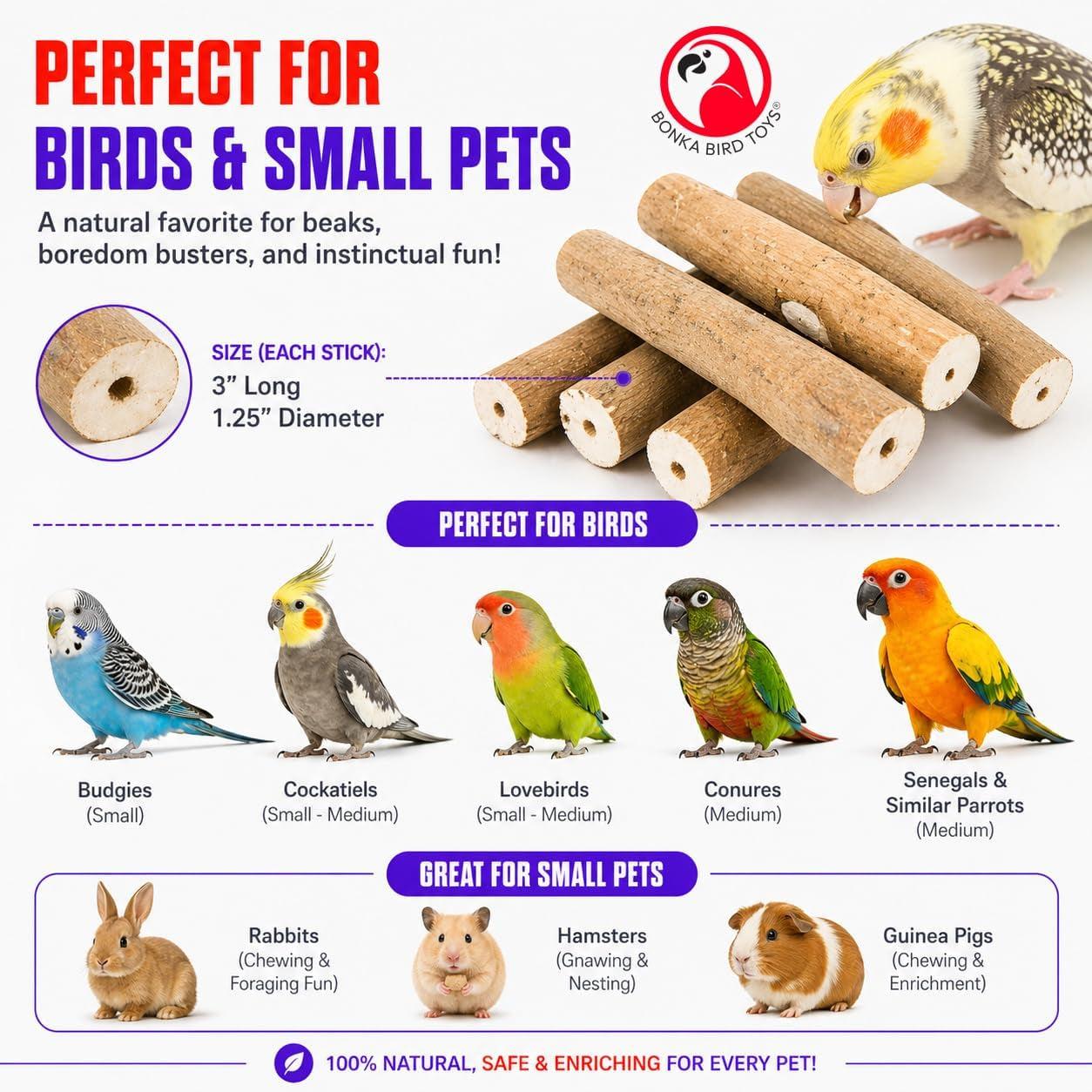 Natural Sola Bark Bird Chew Sticks – 6 Pack Soft Wood Foot Toys & DIY Bird Toy Making Material for Parrots, Cockatiels & Small Birds