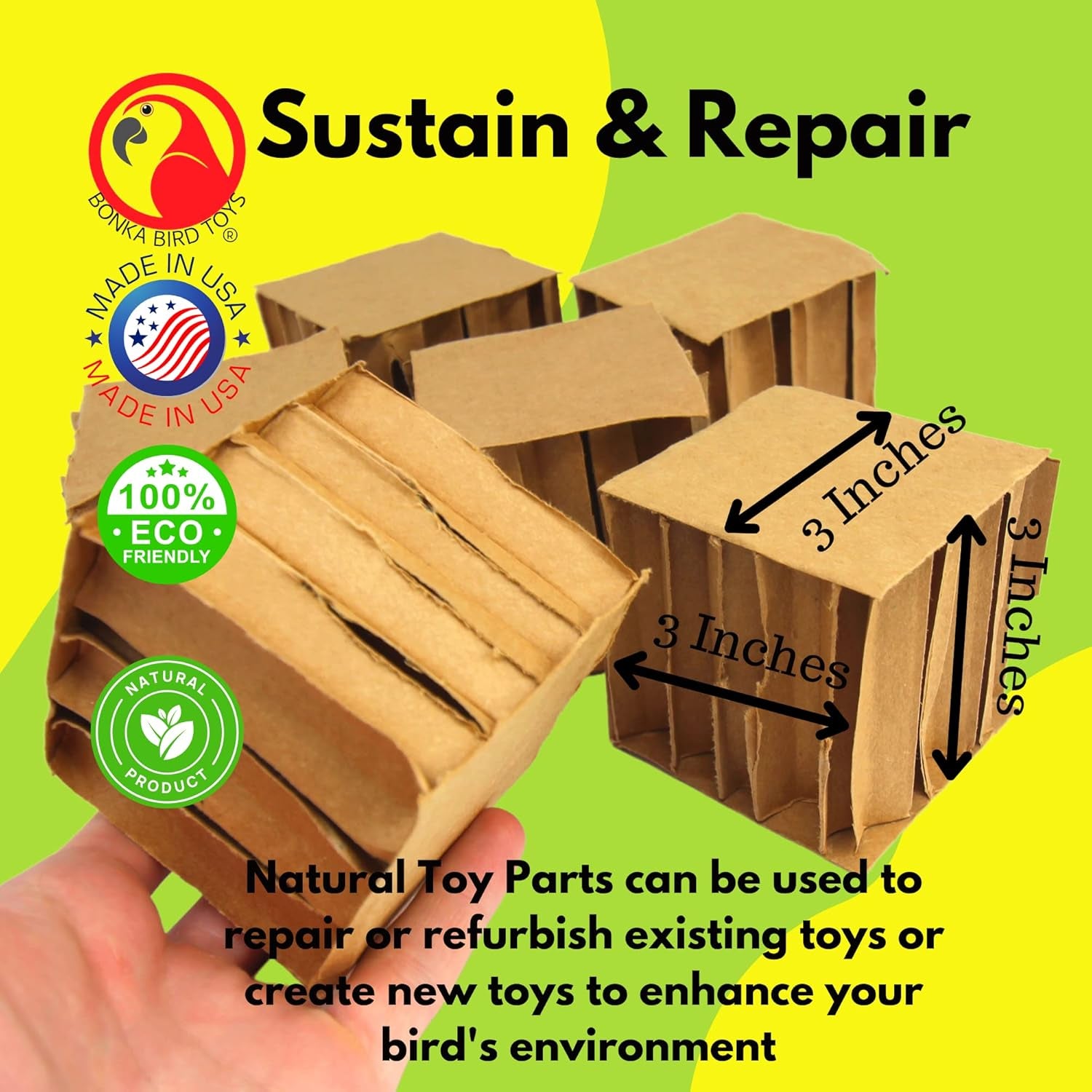 Cardboard Chew Cubes for Birds – 3" Square Foot Toys for DIY Bird Toy Making & Cage Enrichment (6 Pack)