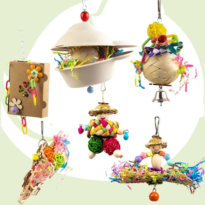 Colorful Bird Chew Toy – Natural Rattan and Paper Enrichment Toy for Budgies, Cockatiels & Conures