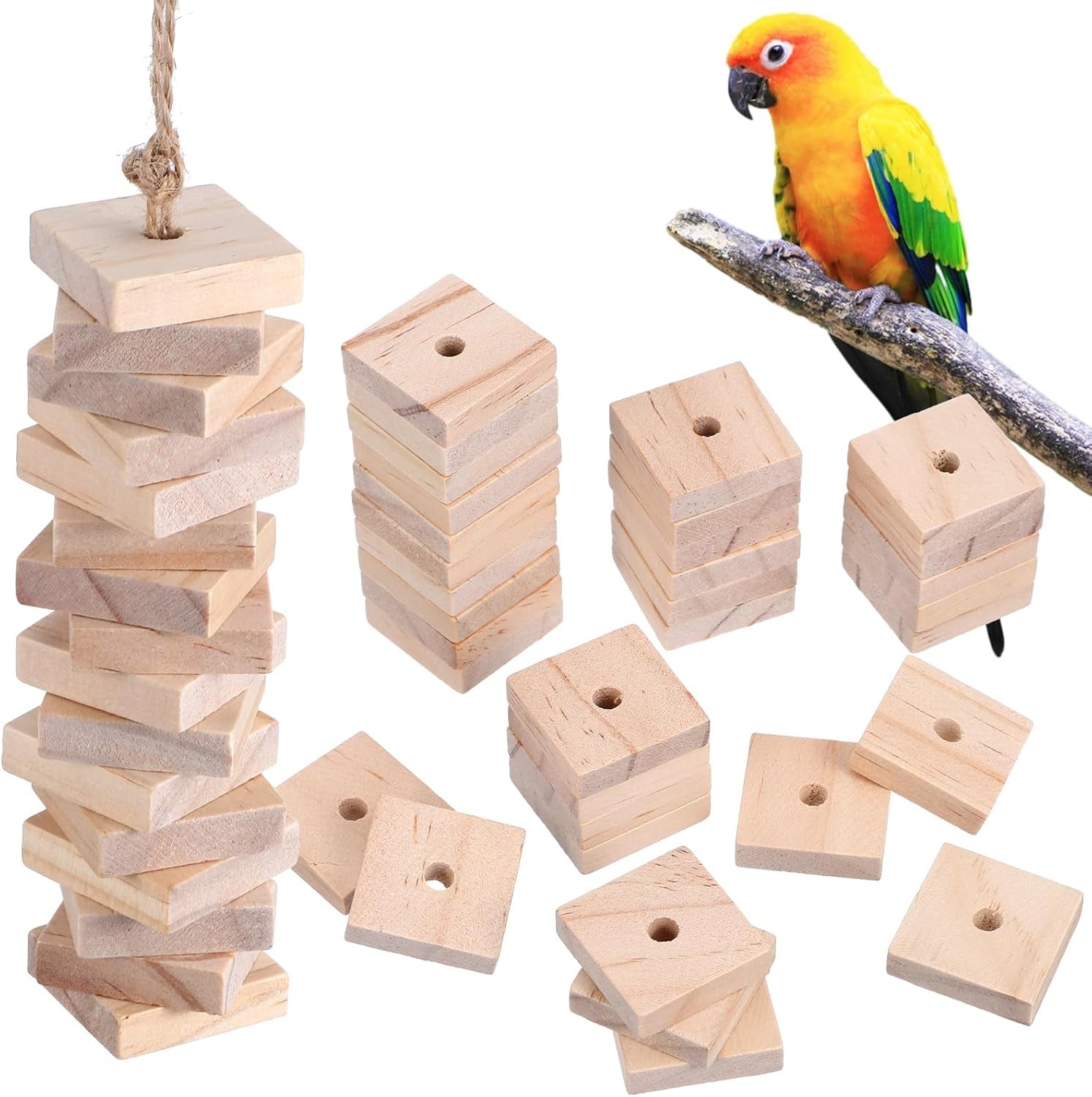 DIY Wooden Bird Chew Blocks – 100 Pack Natural Foot Toys & Parrot Toy Making Parts for Parakeets, Conures, African Greys & Macaws