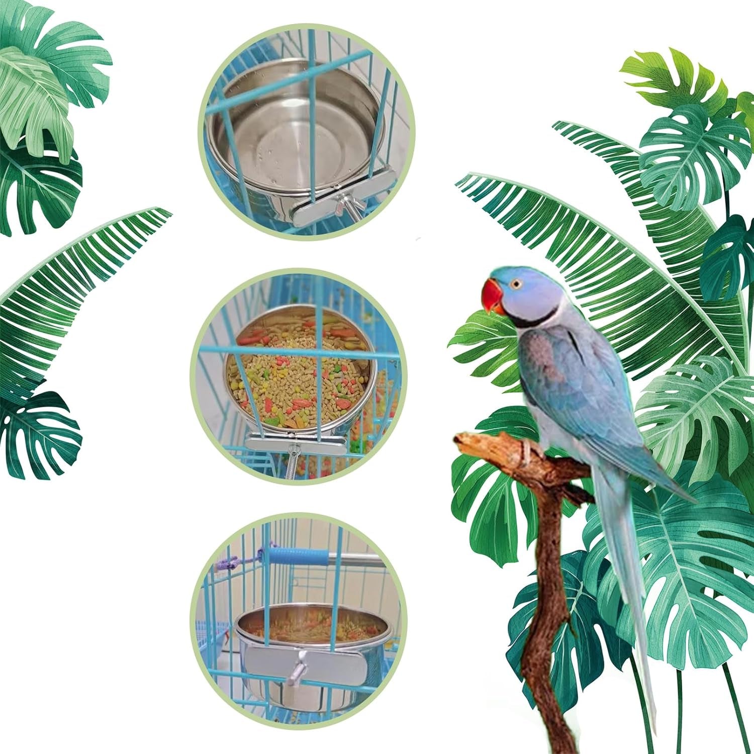 Stainless Steel Bird Cage Feeding Bowl Set – Clamp-On Food, Water Bowl- Set of 6, With Bonus Toys.