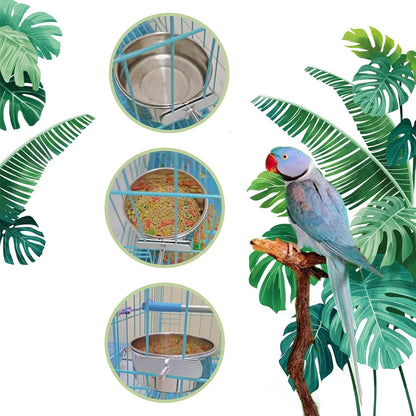 Stainless Steel Bird Cage Feeding Bowl Set – Clamp-On Food, Water Bowl- Set of 6, With Bonus Toys.