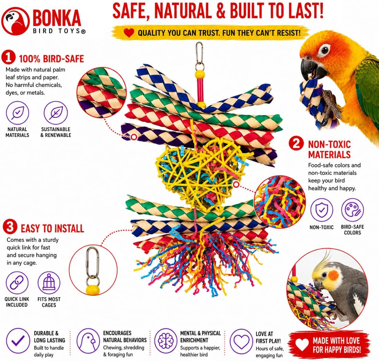 Heart Shaped, Interactive Foraging Bird Toy – Multi-Texture Shredding & Enrichment Toy for Parrots