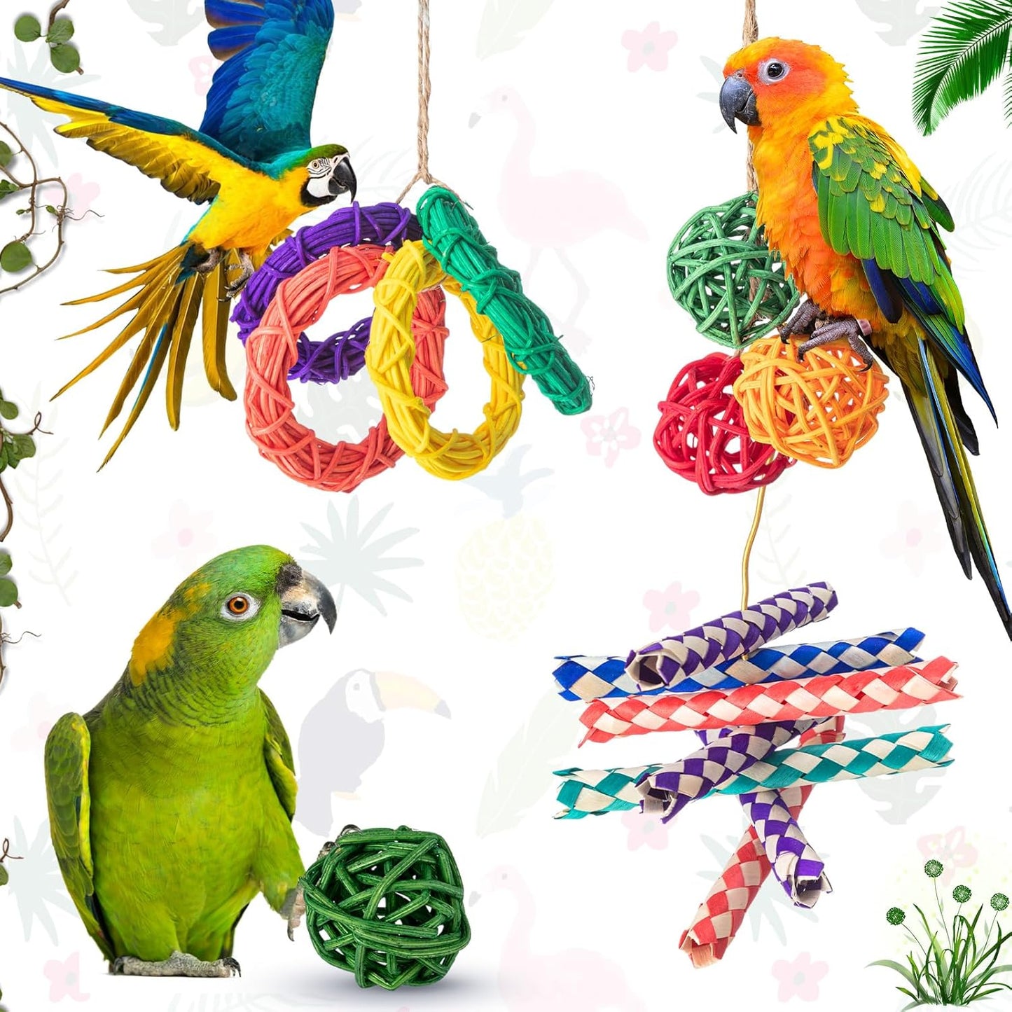 Bird Enrichment Toy Bundle – 200 PCS Natural Finger Traps, Rattan Balls & Vine Rings for Cage Play & Chewing