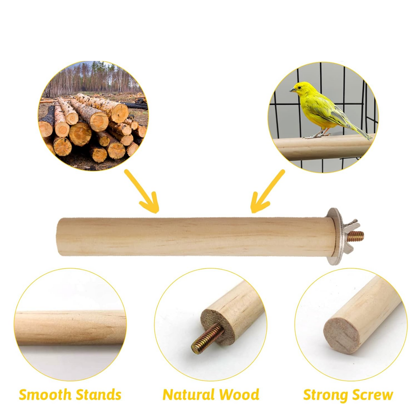 Natural Wood Bird Perch Set - 5 Piece Simple Dowel Perch for Small to Medium Birds,