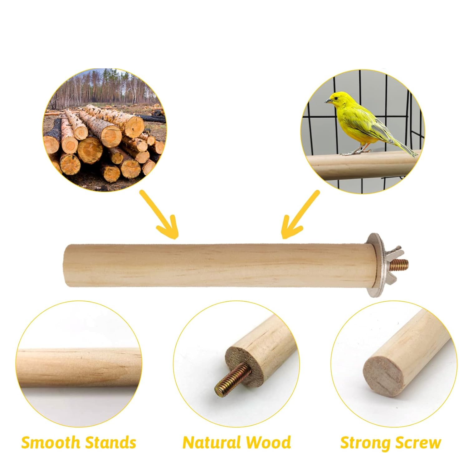 Natural Wood Bird Perch Set - 5 Piece Simple Dowel Perch for Small to Medium Birds,