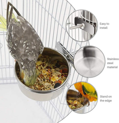 Stainless Steel Clamp-On Bird Feeding Bowl Set – Multi-Size Food & Water Dish Kit for Parrots