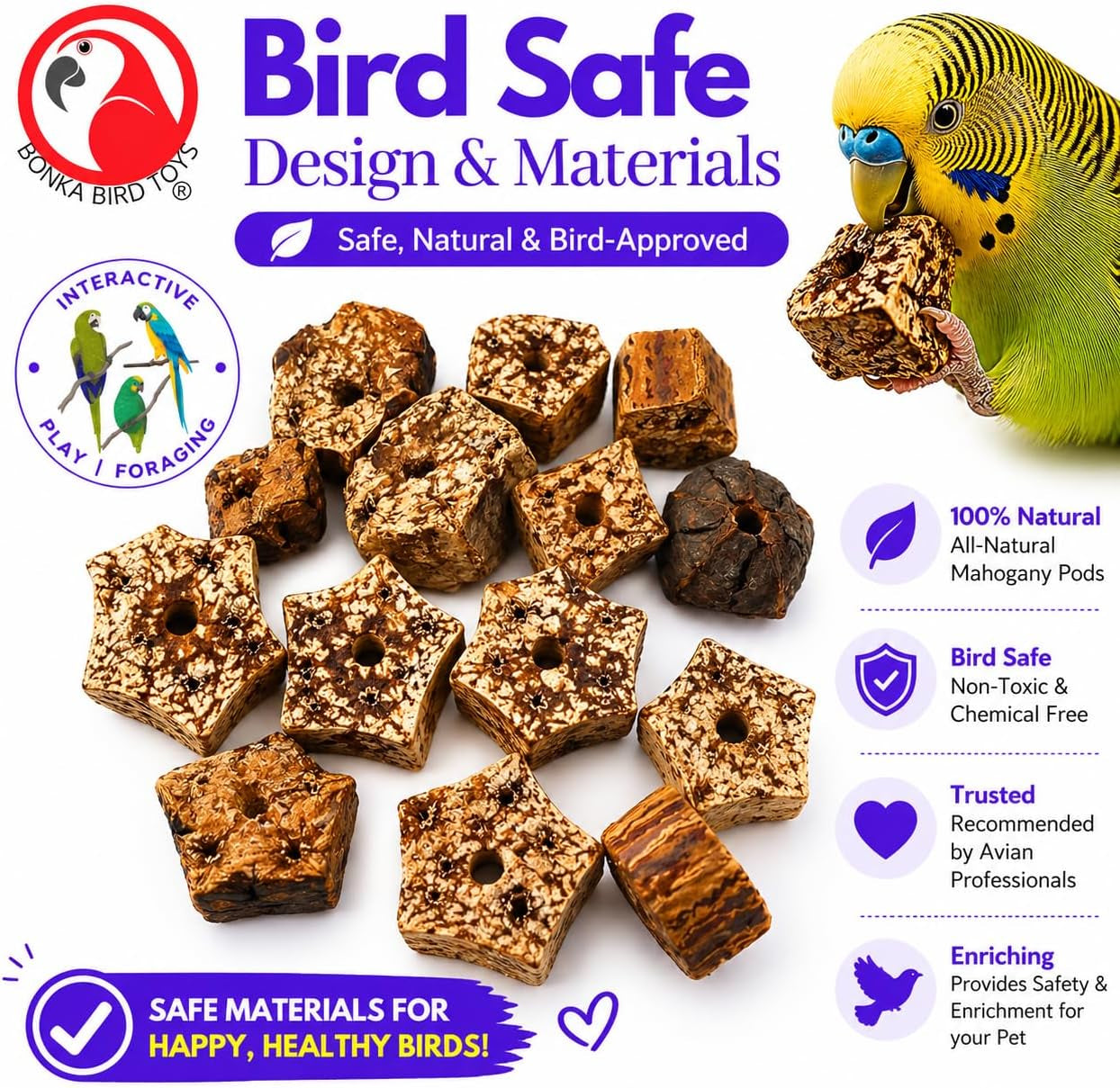 Natural Mahogany Bird Chew Pods – 12 Pack Wooden Foot Toys & DIY Bird Toy Making Parts for Parrots, Cockatiels & Conures