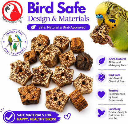 Natural Mahogany Bird Chew Pods – 12 Pack Wooden Foot Toys & DIY Bird Toy Making Parts for Parrots, Cockatiels & Conures
