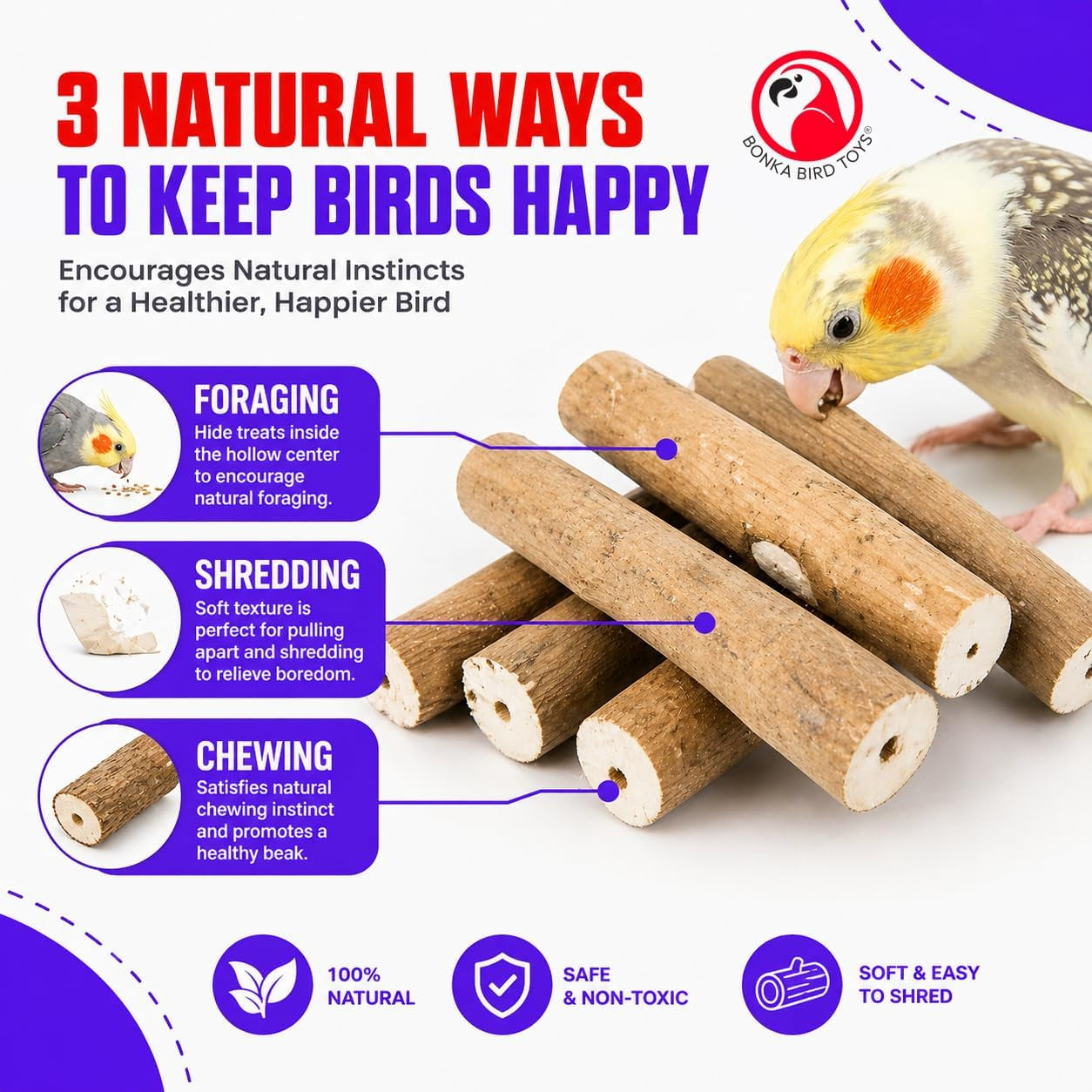 Natural Sola Bark Bird Chew Sticks – 6 Pack Soft Wood Foot Toys & DIY Bird Toy Making Material for Parrots, Cockatiels & Small Birds