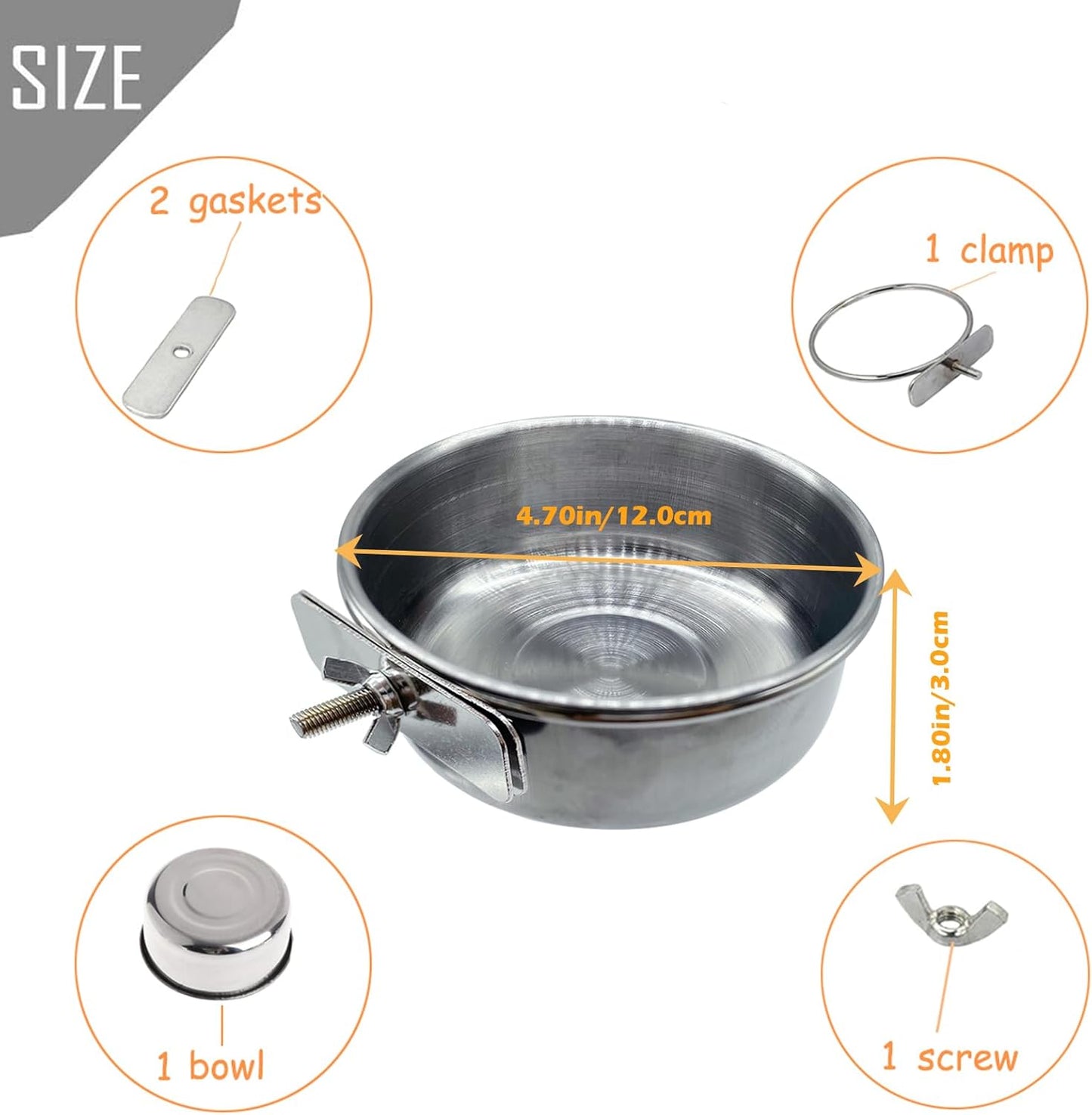 Stainless Steel Bird Cage Feeding Bowl Set – Clamp-On Food, Water Bowl- Set of 6, With Bonus Toys.