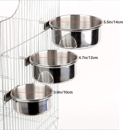 Stainless Steel Clamp-On Bird Feeding Bowl Set – Multi-Size Food & Water Dish Kit for Parrots