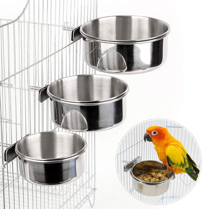 Stainless Steel Clamp-On Bird Feeding Bowl Set – Multi-Size Food & Water Dish Kit for Parrots