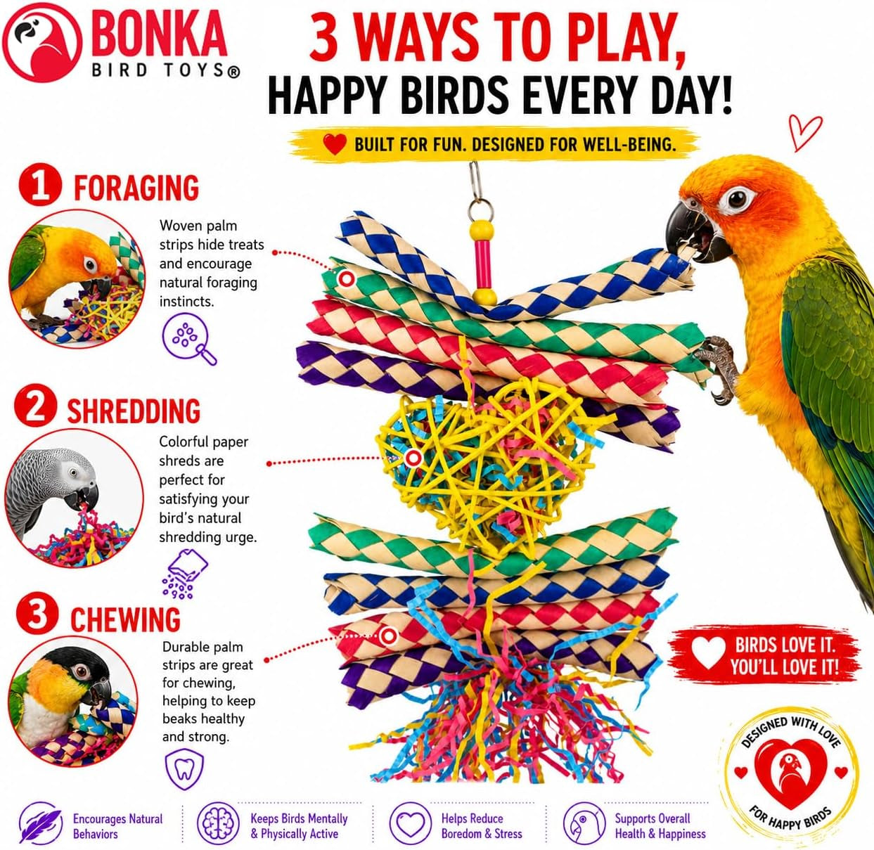 Heart Shaped, Interactive Foraging Bird Toy – Multi-Texture Shredding & Enrichment Toy for Parrots