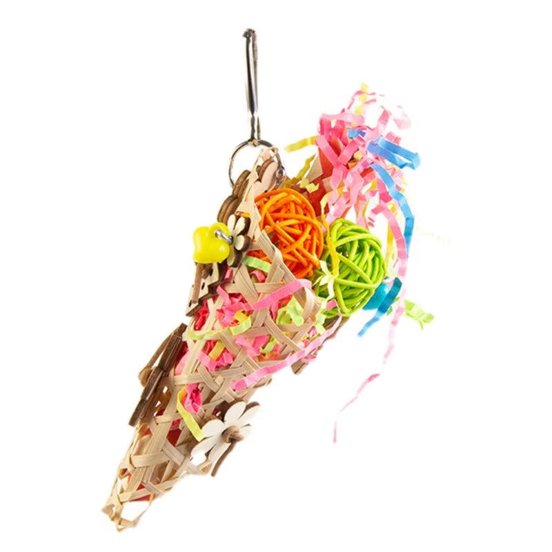 Colorful Bird Chew Toy – Natural Rattan and Paper Enrichment Toy for Budgies, Cockatiels & Conures