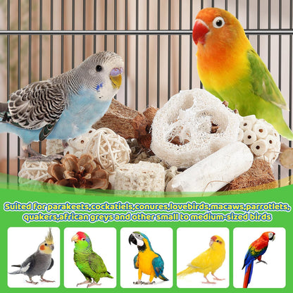 Natural Bird Foraging & Shredding Toy Box – Eco-Friendly DIY Enrichment Set with Pine Cones, Wood, Sola, Seagrass & Coconut for Parrots & Small Birds