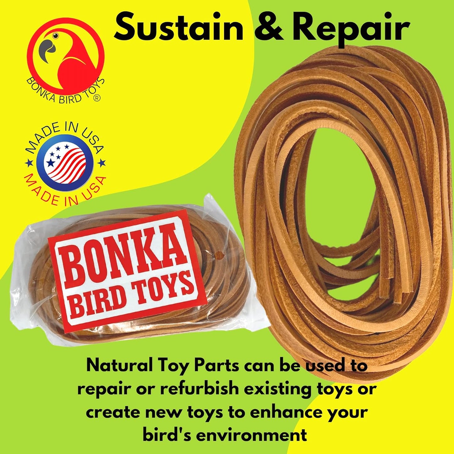 Natural Leather Bird Toy Strips – 6 Pack 48” DIY Toy Making & Cage Enrichment Material for Parrots & Companion Birds