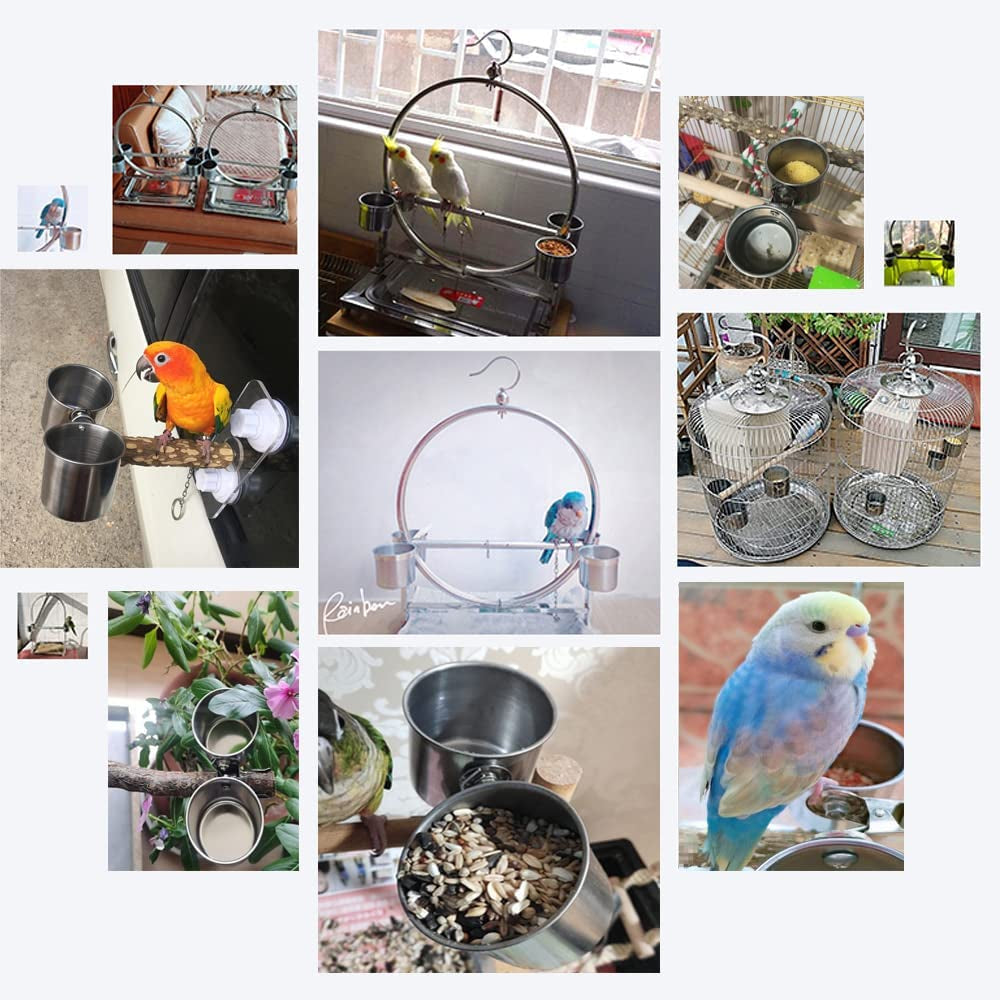 Stainless Steel Clamp-On Bird Feeding Cups – Travel & Cage Food & Water Dish Set