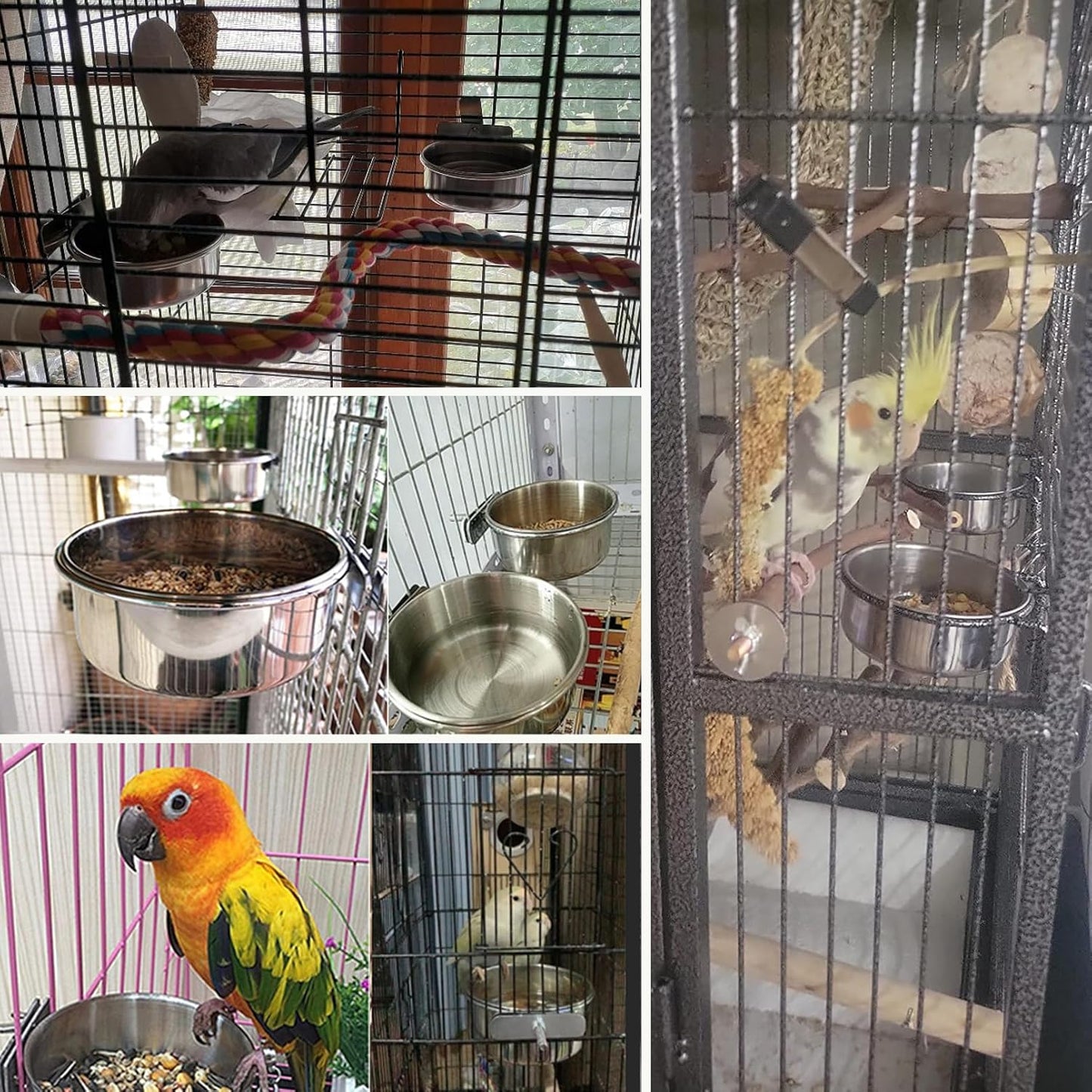 Stainless Steel Bird Cage Feeding Bowl Set – Clamp-On Food, Water Bowl- Set of 6, With Bonus Toys.