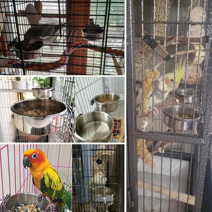 Stainless Steel Bird Cage Feeding Bowl Set – Clamp-On Food, Water Bowl- Set of 6, With Bonus Toys.