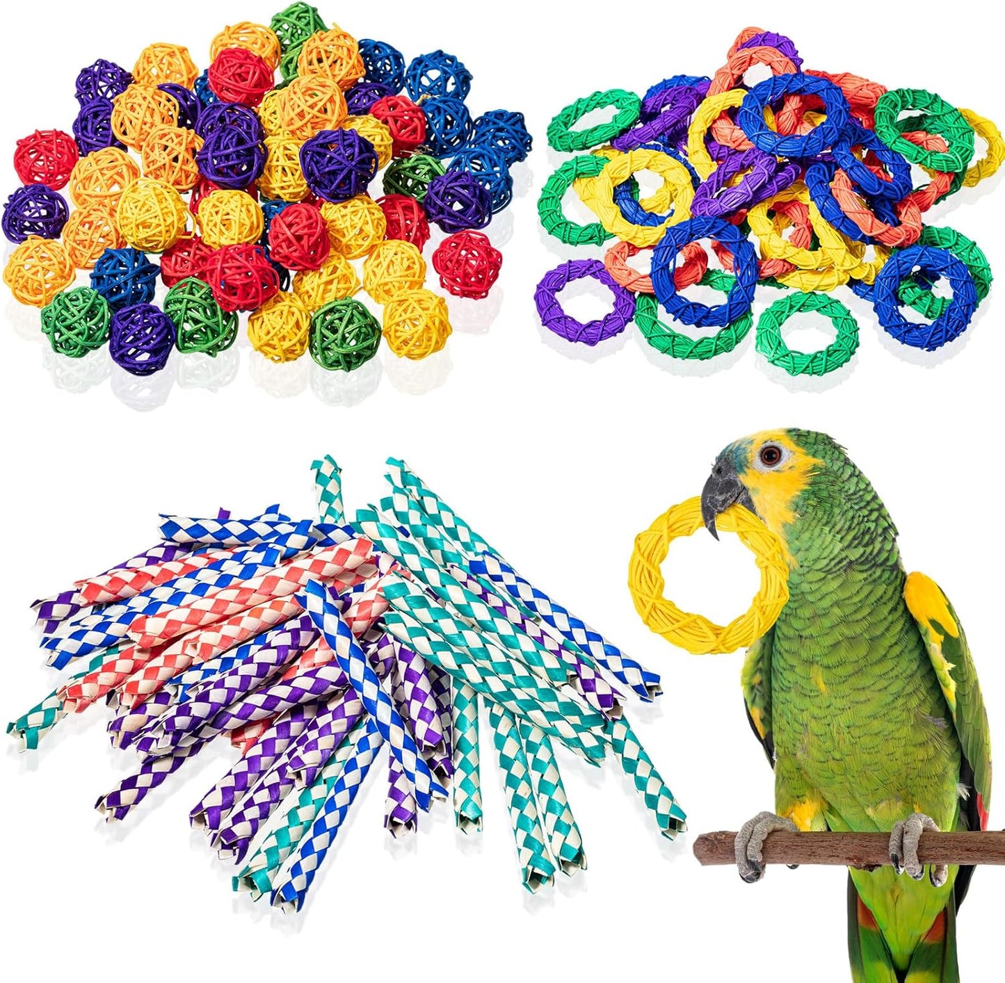 Bird Enrichment Toy Bundle – 200 PCS Natural Finger Traps, Rattan Balls & Vine Rings for Cage Play & Chewing