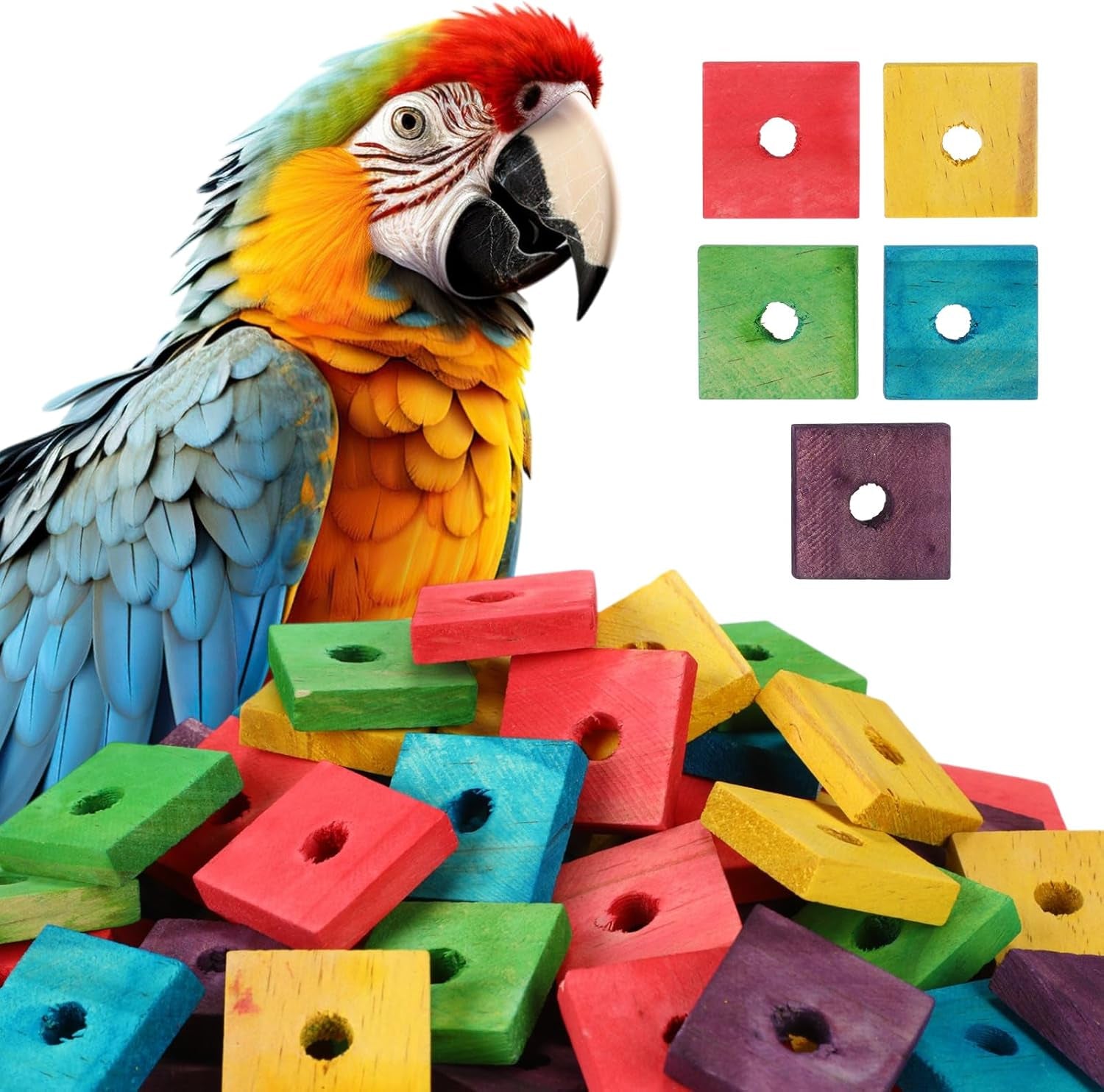 Colorful Wooden Bird Chew Blocks – 80 Pack Natural Foot Toys & DIY Bird Toy Making Parts for Parrots, Cockatiels & Small Birds