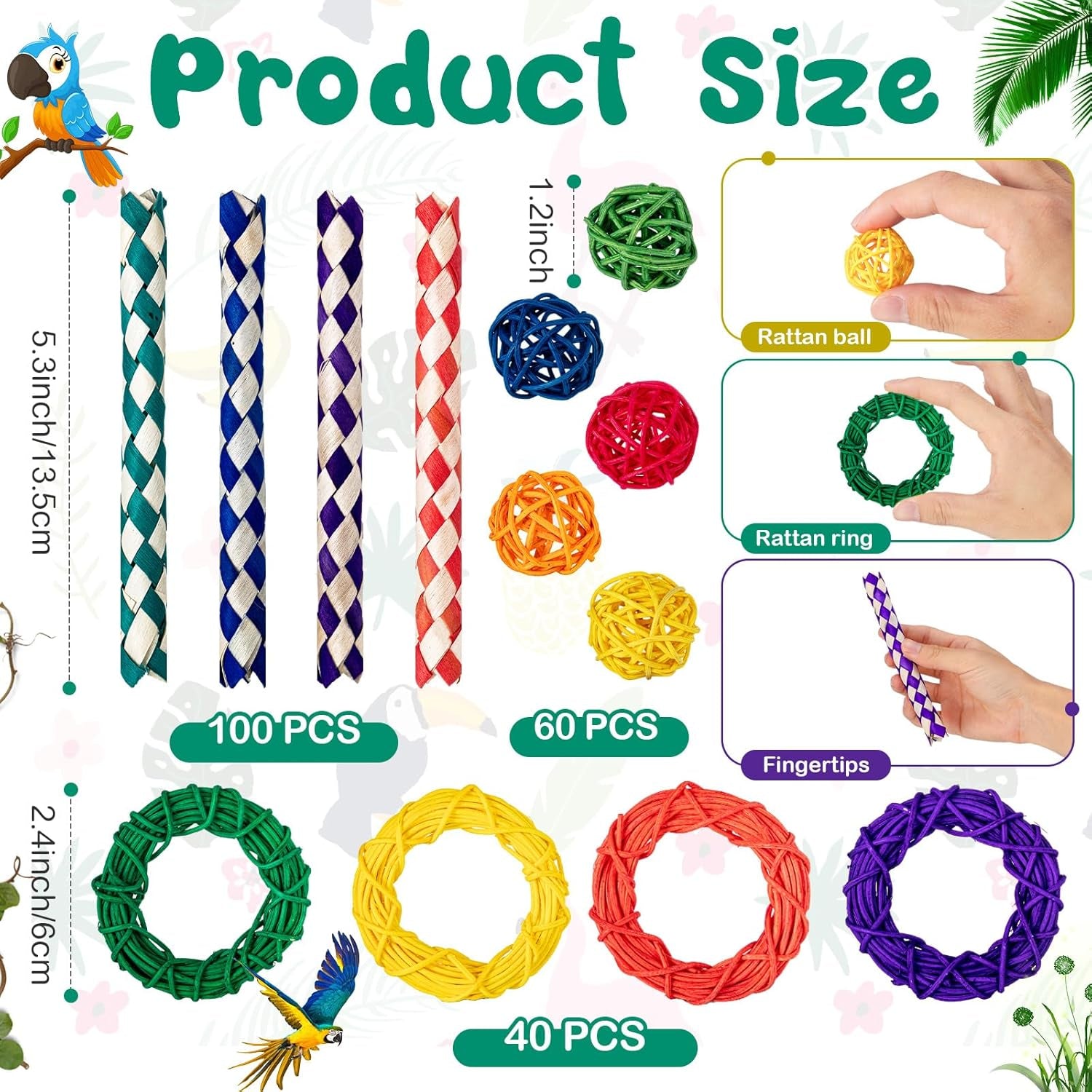 Bird Enrichment Toy Bundle – 200 PCS Natural Finger Traps, Rattan Balls & Vine Rings for Cage Play & Chewing