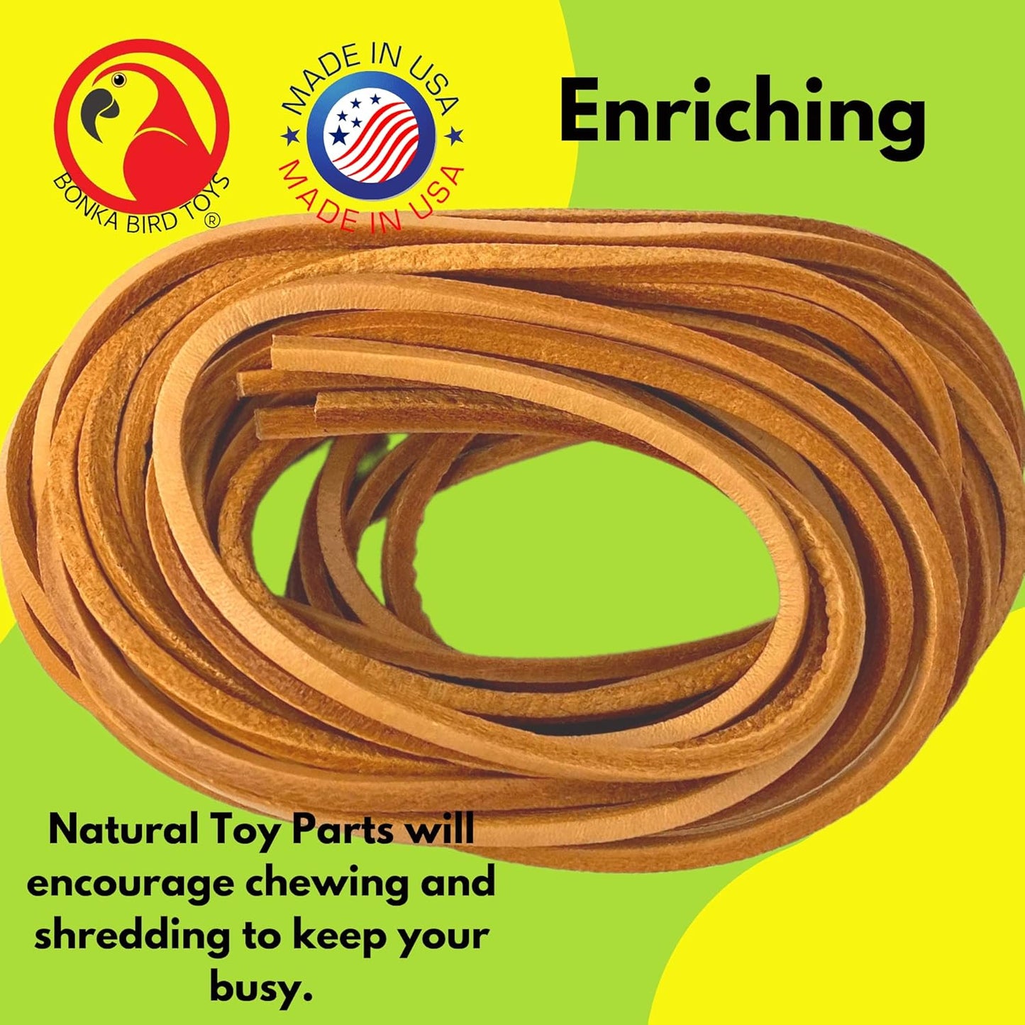 Natural Leather Bird Toy Strips – 6 Pack 48” DIY Toy Making & Cage Enrichment Material for Parrots & Companion Birds