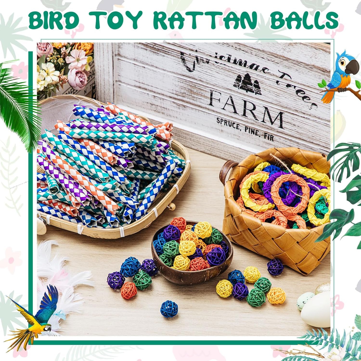 Bird Enrichment Toy Bundle – 200 PCS Natural Finger Traps, Rattan Balls & Vine Rings for Cage Play & Chewing