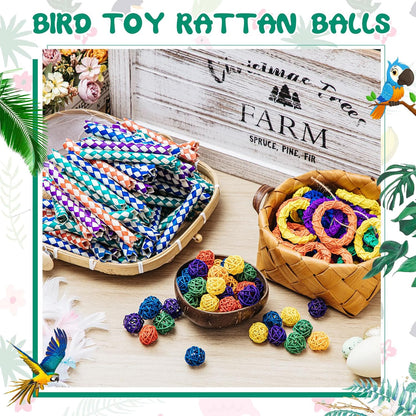 Bird Enrichment Toy Bundle – 200 PCS Natural Finger Traps, Rattan Balls & Vine Rings for Cage Play & Chewing