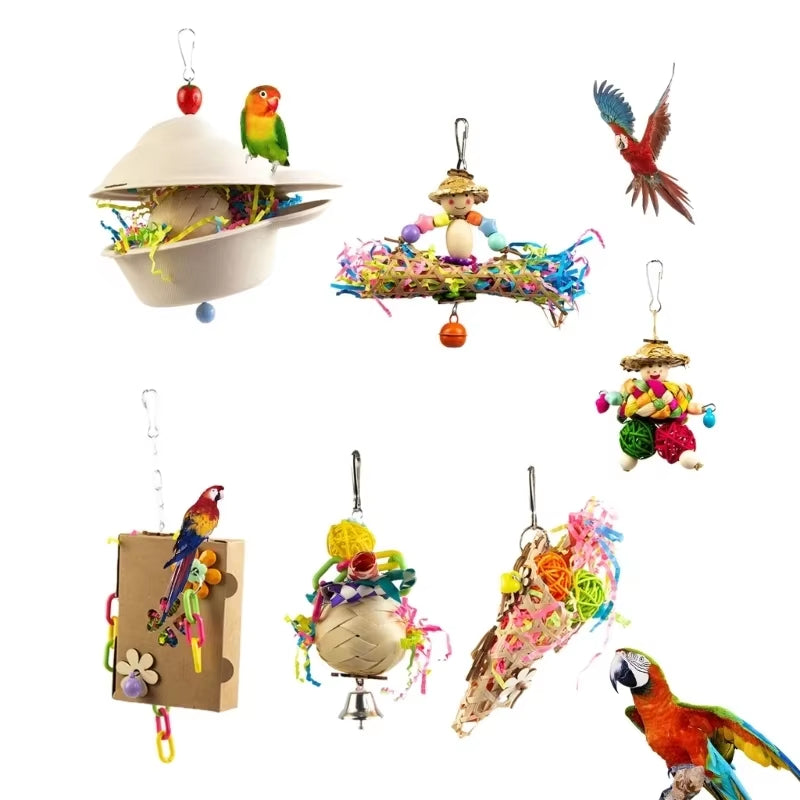 Colorful Bird Chew Toy – Natural Rattan and Paper Enrichment Toy for Budgies, Cockatiels & Conures