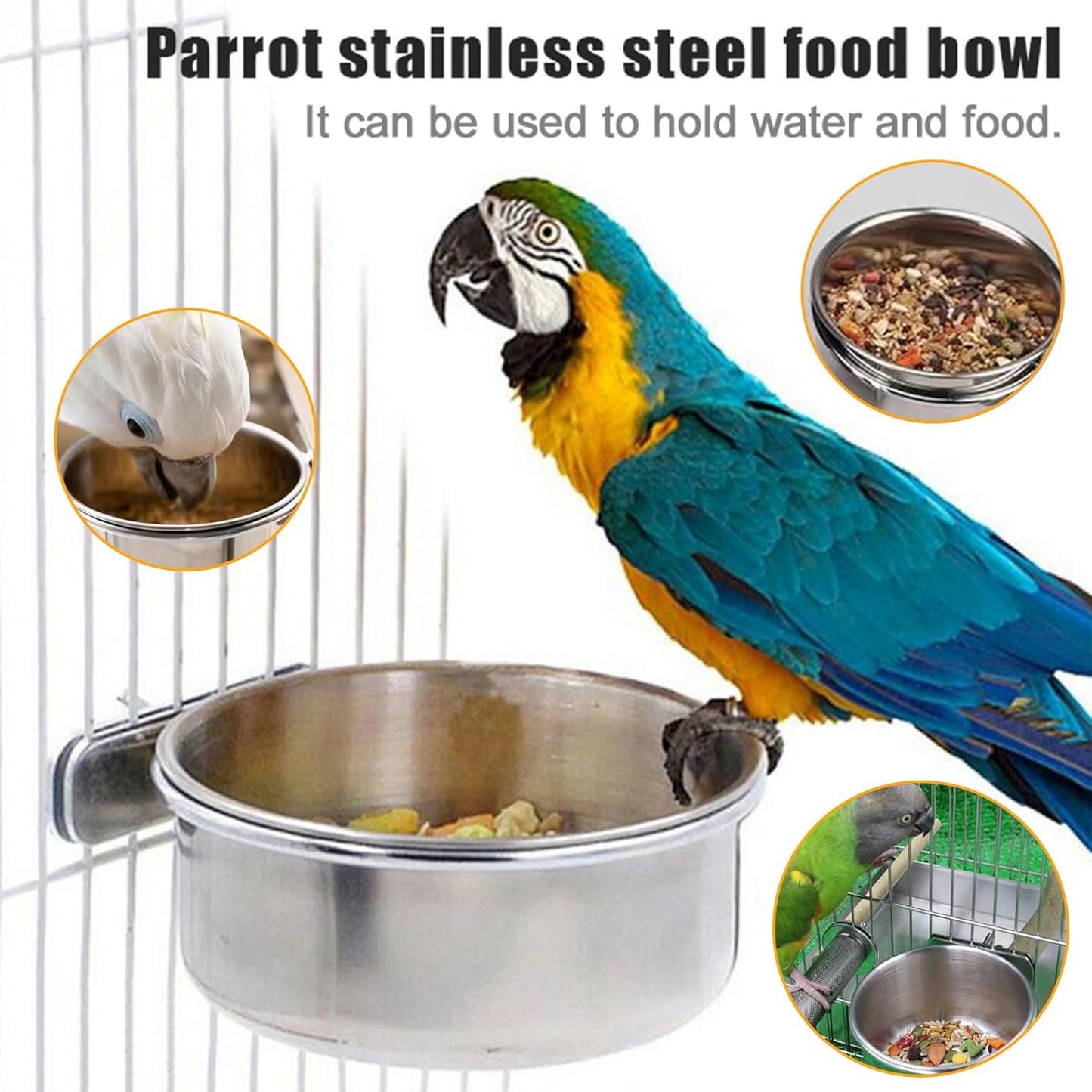 Stainless Steel Bird Cage Feeding Bowl Set – Clamp-On Food, Water Bowl- Set of 6, With Bonus Toys.
