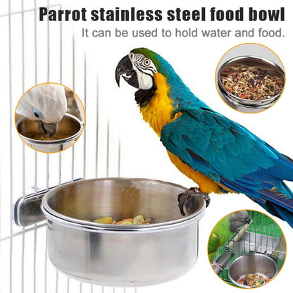 Stainless Steel Bird Cage Feeding Bowl Set – Clamp-On Food, Water Bowl- Set of 6, With Bonus Toys.