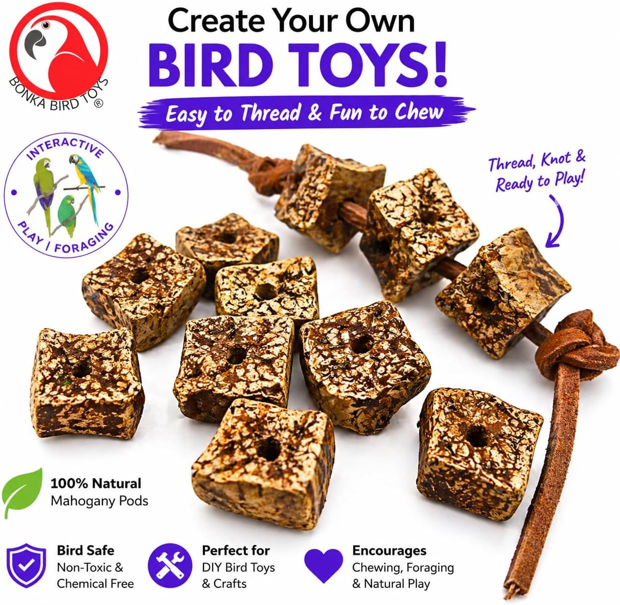 Natural Mahogany Bird Chew Pods – 12 Pack Wooden Foot Toys & DIY Bird Toy Making Parts for Parrots, Cockatiels & Conures