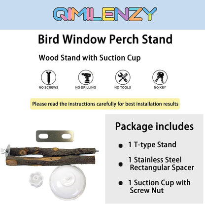 Apple Wood Window Perch – Suction Cup Bird Perch for Indoor Window Viewing