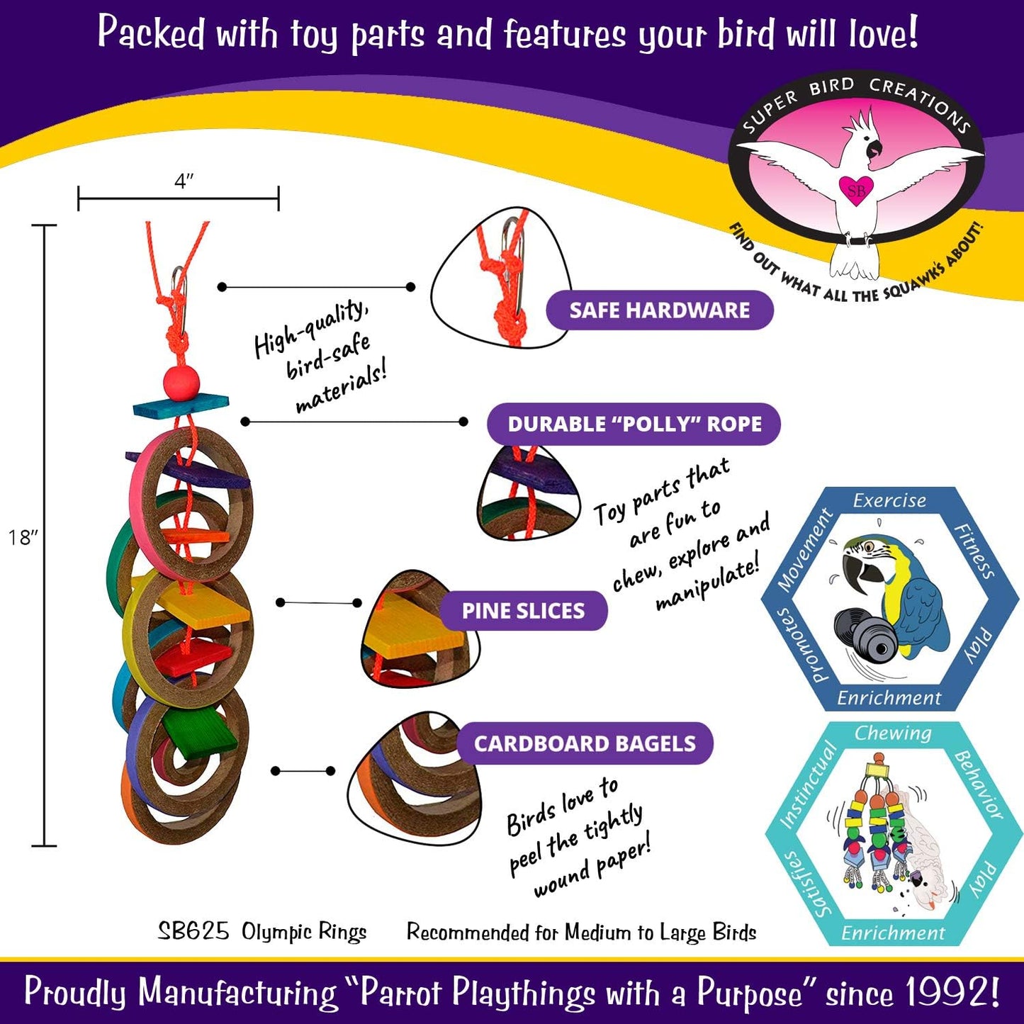 Olympic Rings Bird Toy, Large Bird Size, 15” X 4” X 4”