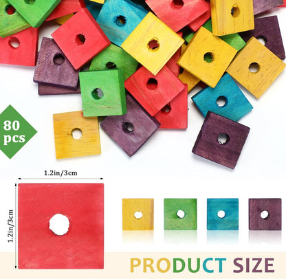 Colorful Wooden Bird Chew Blocks – 80 Pack Natural Foot Toys & DIY Bird Toy Making Parts for Parrots, Cockatiels & Small Birds